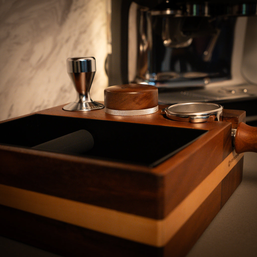 51-54mm Coffee Tamping Station & Knock Box (Walnut/Beechwood)