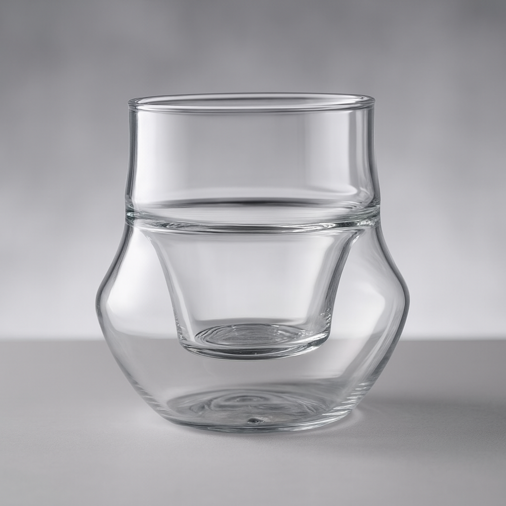 Clear glass espresso cup on a gray background