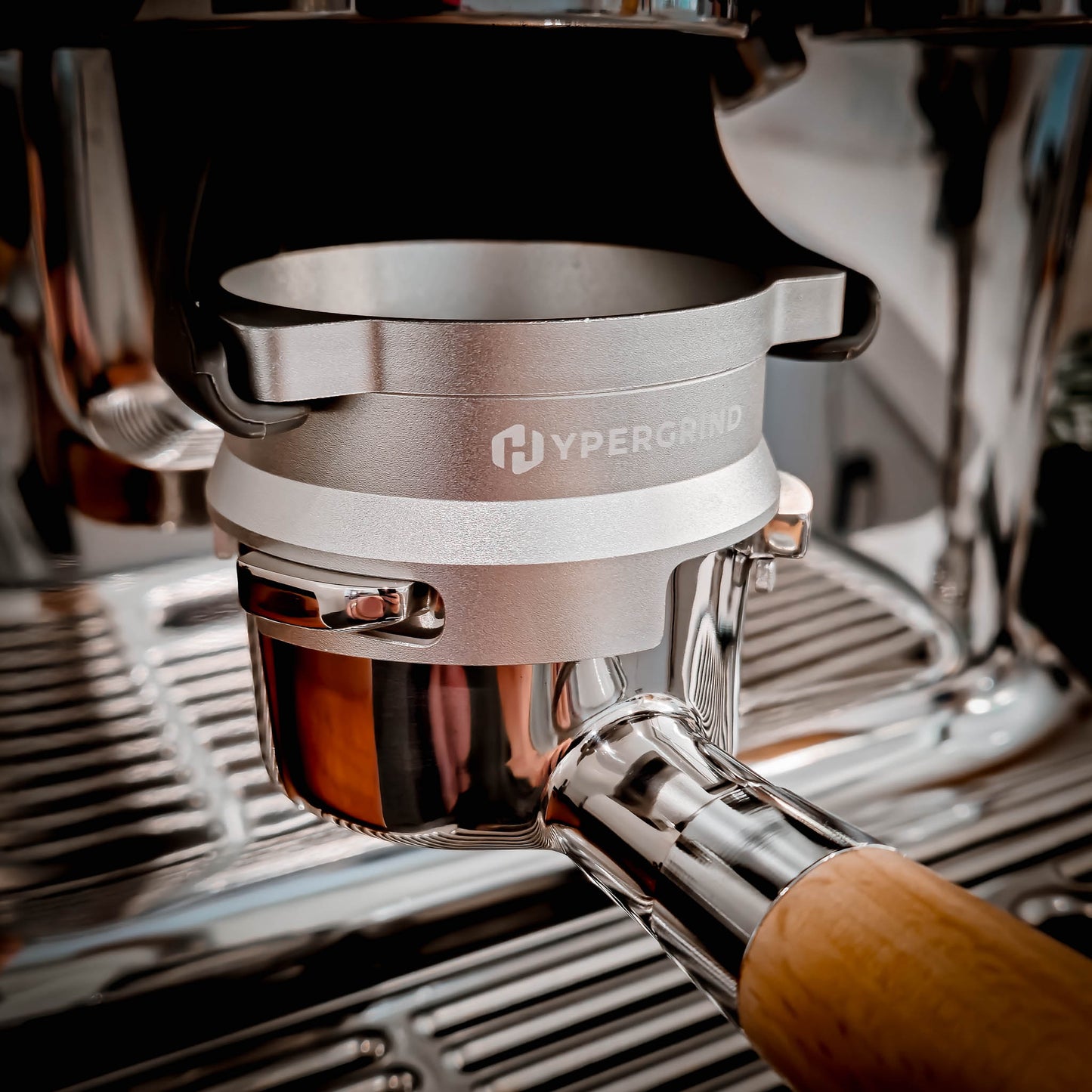 Breville Dosing Funnel in silver sitting inside a Breville Barista Pro Coffee Machine