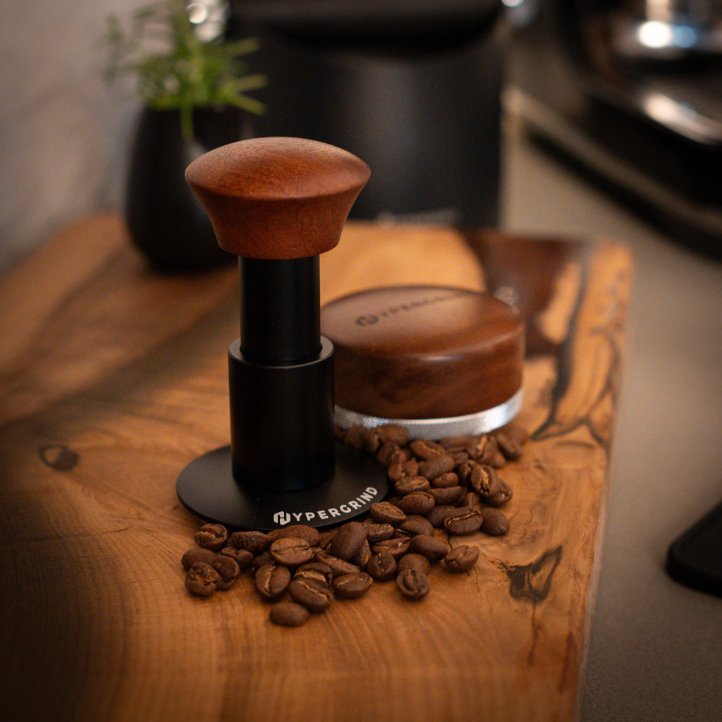 Self Levelling Force Tamper (Black/Rosewood) and Walnut/Stainless Steel Coffee Distributor